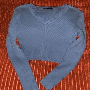 Brandy Melville Light Blue Ribbed V-Neck Cropped Sweater